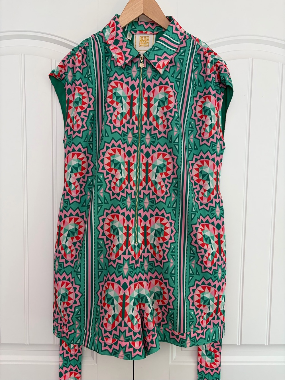 Emily McCarthy Butterfly Print Front Zip Tie Waist Romper Women Sz XS Green Pink